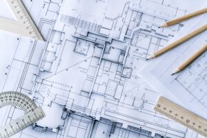Architectural,engineering,design,plan,drawing,on,the,table.,architect's,work