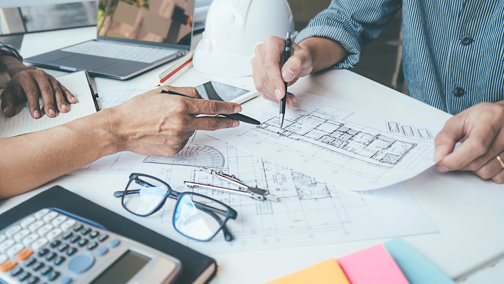 Architect,engineer,design,working,on,blueprint,planning,concept.,construction,concept